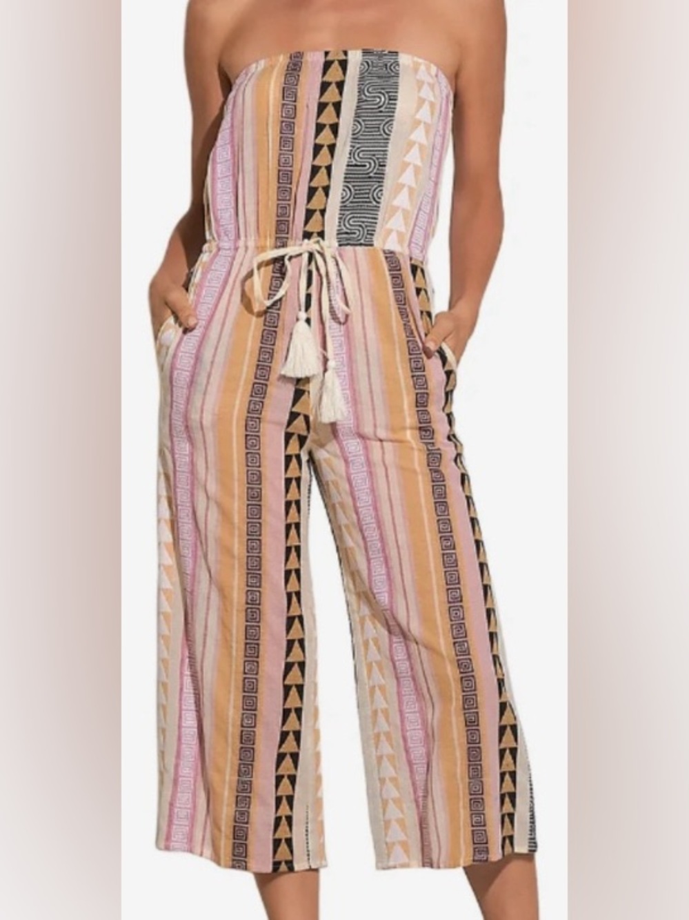Elan Strapless Boho Multi Color Print Cropped Jumpsuit: Large